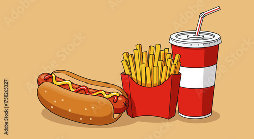 Cartoon fast food meal hotdog with mustardketchup fries in a red container and redwhite drink with a straw