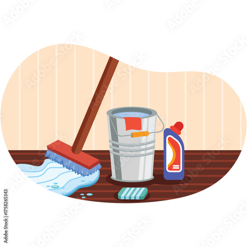 Cleaning floor mop, bucket with detergent vector