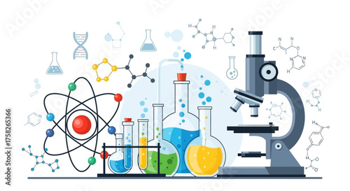 Scientific research concept illustration with chemistry lab equipment, microscope, test tubes, atomic symbol and molecular structures