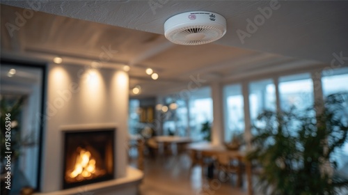 Modern smoke detector seamlessly integrated on a bright ceiling, ensuring safety and peace of mind in a cozy, well-lit living space with a fireplace and dining area.