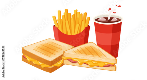 A cartoonstyle image shows a meal of sandwiches french fries in a red container and a red soft drink cup