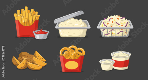 Six food items fries potato wedges onion rings sauces and coleslaw arranged on a gray background