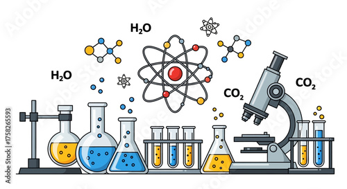 Scientific research banner with laboratory glassware, a microscope, an atom model, and molecular structures for chemistry education