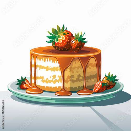 Delicious Strawberry Caramel Cake with Glossy Dripping Sauce on Elegant Plate Vector Illustration