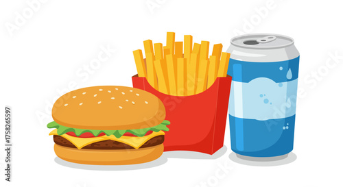 A cartoonstyle burger fries and soda can are isolated on a white background