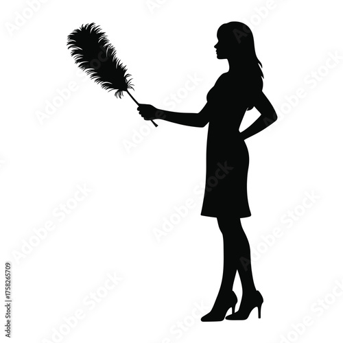 Scalable vector illustration silhouette of a woman with feather duster for cleaning services and housekeeping icon silhouette vector illustration white background