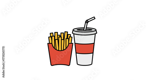 A stylized illustration depicts a cup with a straw and a container of french fries