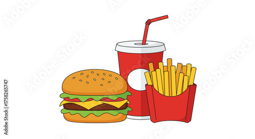 The image showcases a cartoonstyle meal with a burger soda and fries