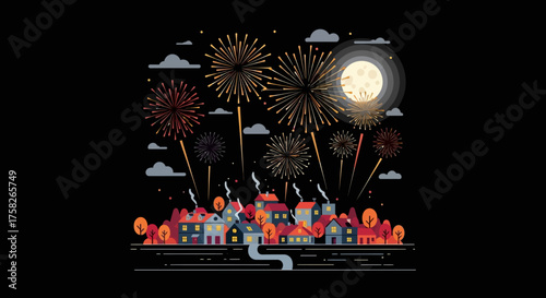 Festive vector illustration of a small town celebrating with a vibrant fireworks display under a full moon and cloudy night sky