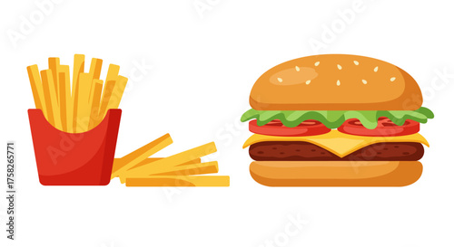 Cartoonstyle illustration of a burger next to fries in a red container with fries scattered around