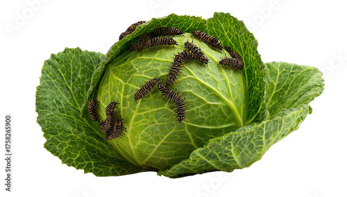 Vivid image of a green cabbage with numerous caterpillars crawling on its surface