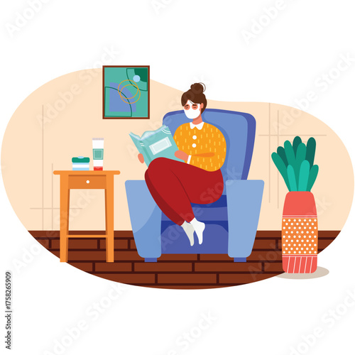 Woman with care mask reading book vector scene