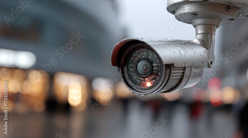 Durable outdoor security camera monitors urban street activity, providing vigilant surveillance and advanced protection against potential threats in any weather condition.