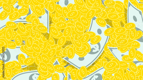 Pile of paper dollars and American gold coins mixed into one big pile. Backdrop for advertising of banking services. 3D vector background top view at an angle