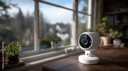 Modern white security camera discreetly positioned on a wooden table, offering peace of mind and home protection with a blurred window view of a serene outdoor scene.