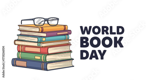 Celebrate World Book Day with a Stack of Knowledge and Reading Glasses Illustration