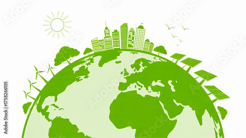 Green earth with cityscape and trees growing symbolizing sustainability and environmentalism