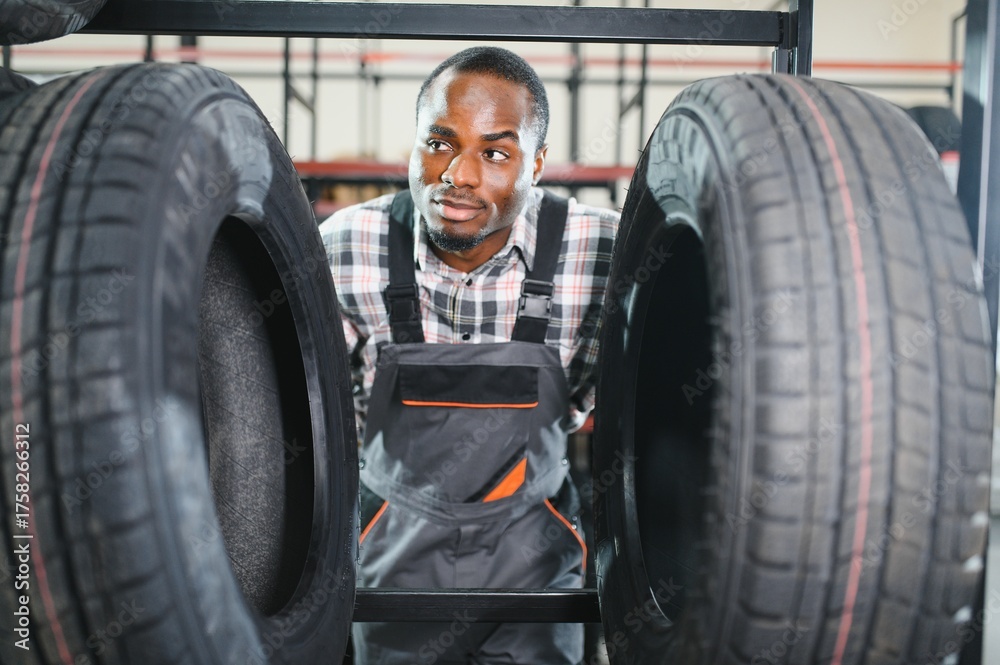 Fototapeta premium Professional African american worker with tire. Man is in the tire fitting car service