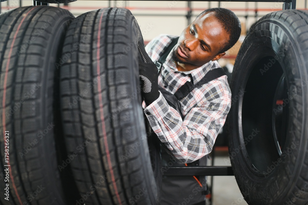 Fototapeta premium Professional African american worker with tire. Man is in the tire fitting car service