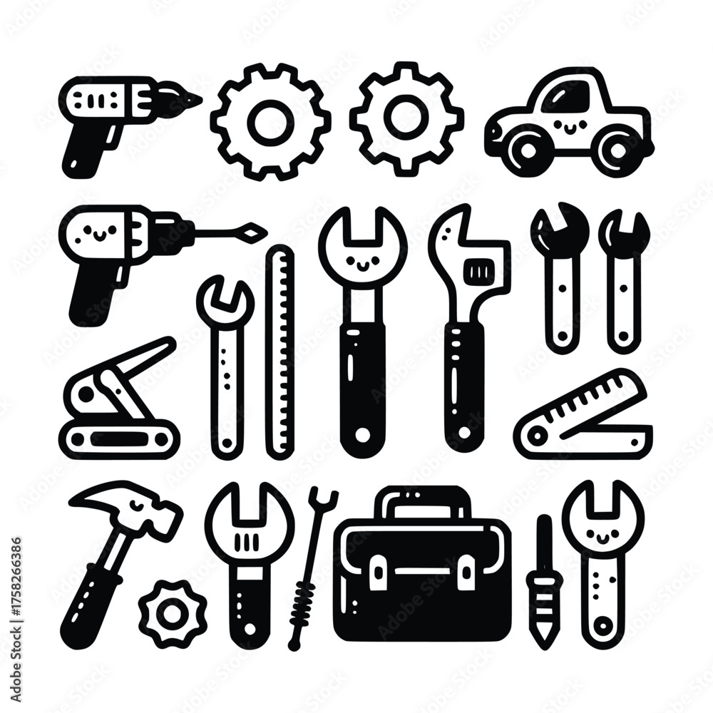 Fototapeta premium Cute Working Tools Vector Set in Black and White Vintage Style
