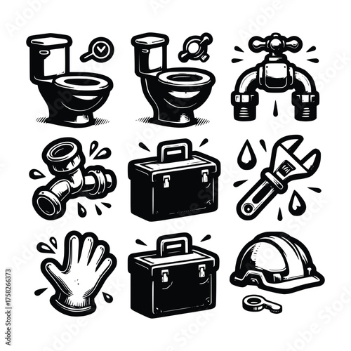 Plumbing Tools and Toilet Icons Set in Vintage Black and White Style