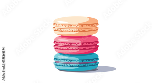 A stack of three colorful pixel art macarons in shades of peach pink and blue.