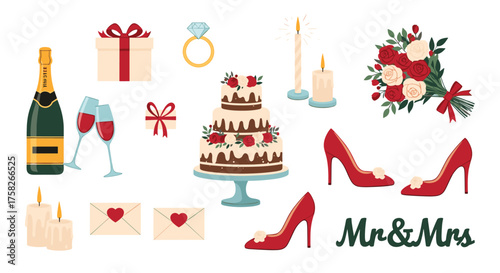 A collection of wedding related elements for a special day.