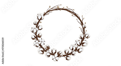 A rustic wreath crafted from delicate cotton bolls and natural twigs.