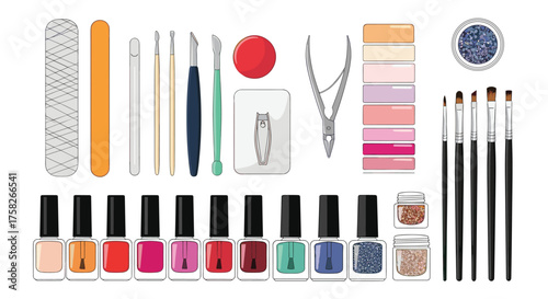 Complete professional nail art tool kit with various polishes and brushes.