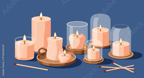 A collection of lit candles with different shapes and sizes on a blue background with some matches