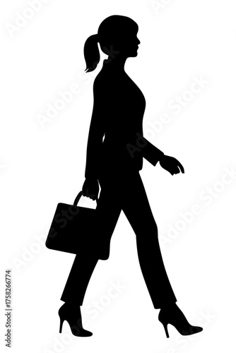 Business woman Silhouette of a person walking with briefcase representing ambition and success.