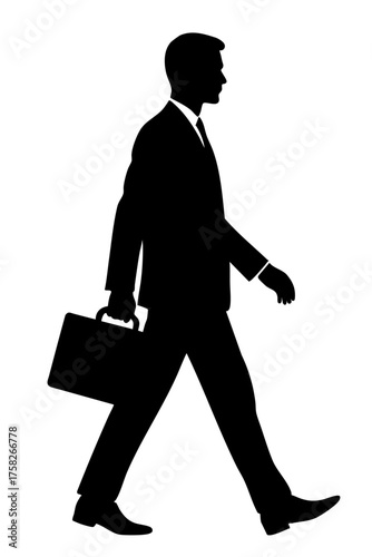 Businessman Silhouette of a person walking with briefcase representing ambition and success.