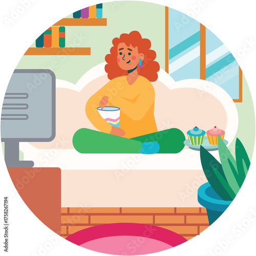 Woman watching movie on tv at home vector