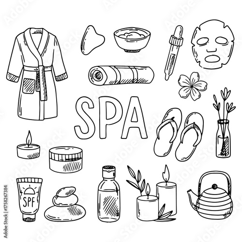 Handmade set for aromatherapy and spa. Sketch of bathrobe, candles, creams and massage accessories, mask. Vector illustration.