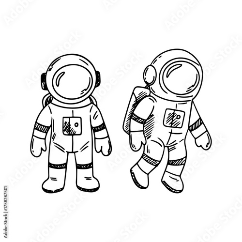Two astronauts. Sketch of people in spacesuits. Cosmonauts in space. Vector illustration