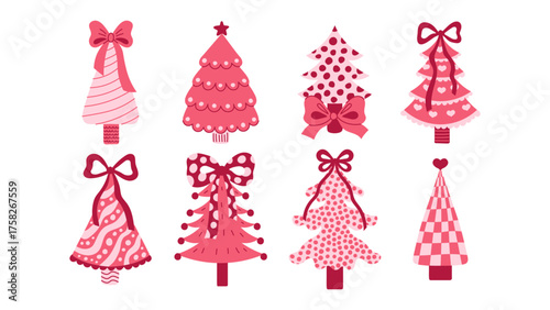 Coquette Christmas Tree Vector Set. Cute hand drawn illustrations of Pink Fir and Spruce decorated with bow, baubles, garland, ornaments, star topper, spotted and striped textures.