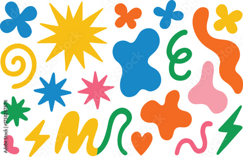 Abstract flower and cloud shape sticker pack. funky groovy blooms, stars, bubbles, loops, and wavy lines in trendy retro cartoon design. vector illustration with flowy element. eps