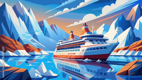 Very beautiful cruise ship sailing through a majestic northern seascape surrounded by floating ice glaciers and snowy peaks, capturing the spirit of polar exploration and luxury adventure travel in 