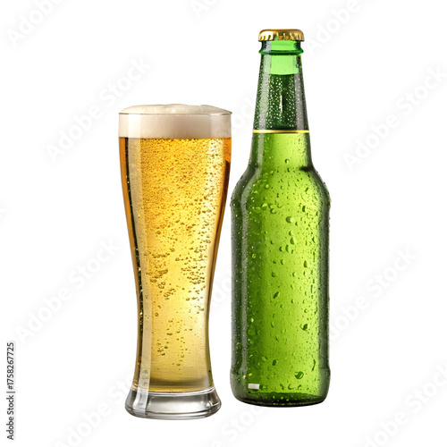 An ice-cold green bottle of light beer with a freshly poured pilsner glass of lager on a Transparent Background