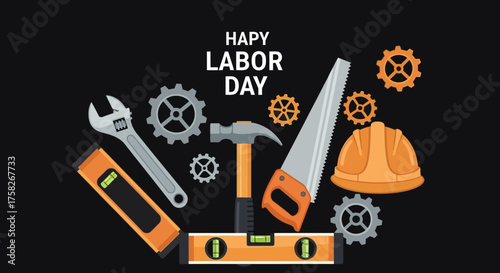 A collection of industrial work tools including a saw, hammer, and spirit level celebrating a professional trade holiday with gears in the background