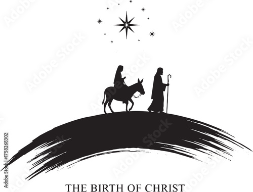 Silhouette of mary and joseph on a donkey under the star of bethlehem