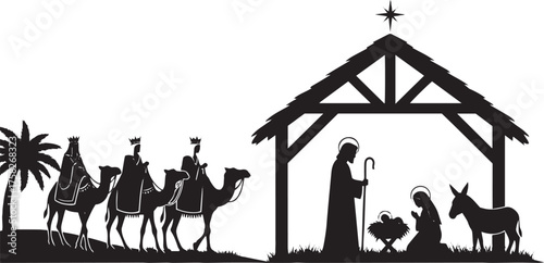 Nativity scene silhouette with three wise men on camels and stable
