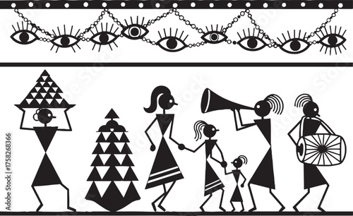 Tribal warli art depicting a festive village scene with music and celebration