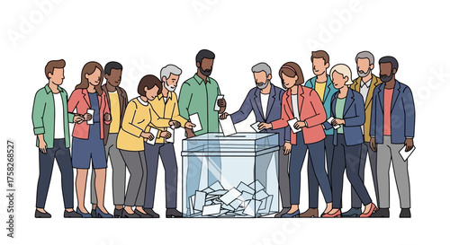 Diverse Group of Citizens Actively Participates in a Democratic Election, Casting Ballots into a Transparent Box for Representative Choice