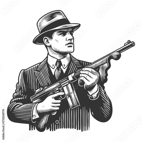 gangster in a pinstripe suit holding a Tommy gun and wearing a fedora sketch engraving generative ai fictional character vector illustration. Scratch board imitation. Black and white image.