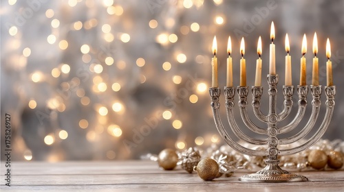 Silver menorah with nine lit candles and gold Christmas ornaments on a wooden table with golden bokeh in the background, representing Hanukkah, holiday celebrations, and faith tradition