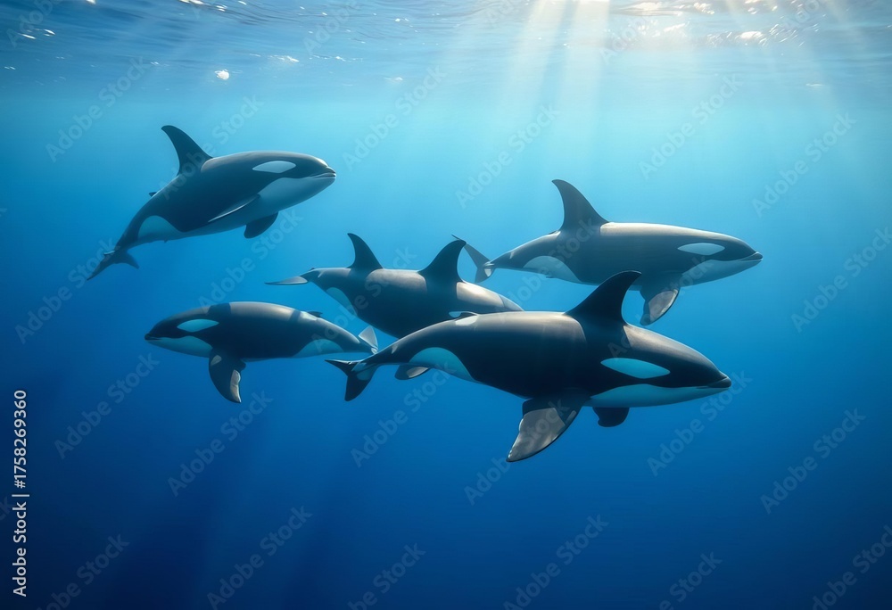 Obraz premium A pod of orcas swimming in the ocean, sunlight reflecting on their sleek bodies, swimming, nature photography