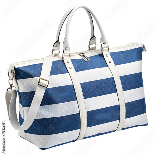 Elegant Blue and White Striped Travel Duffel Bag Isolated on Transparent Background