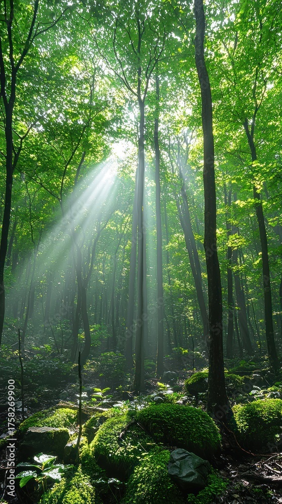 Obraz premium Sunlight streams through lush green forest