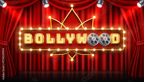 Bollywood theatre marquee sign in red curtain stage background realistic style
